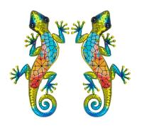 Gecko Lézard Décoration murale de 30cm Set de 2 en métal et Verre couleur Vert Bleu Ambiance Sud