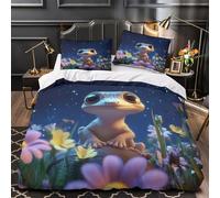 gecko mignon 3D Imprimé Housse de couette Microfibre entretien facile illustration d'animal de dessin animé Drap de couette 2 taies hypoallergénique déco chambre enfant Super king（260x220cm）