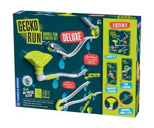 Gecko Run Marble Run Deluxe Starter Set by Thames & Kosmos - Chemin de marbre Vertical avec Rails Flexibles, Boucles et Tours de Trampoline, Installation Rapide, sans désordre, Coussinets