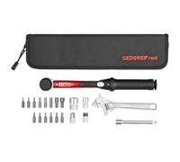 GEDORE kit d'outils vélo rouge avec clé dynamométrique 1/4 «, 21 pièces, 5-25 Nm, adaptateur 3/8", extension de cardan, embouts, kit de réparation avec sac, R21702021, noir/rouge