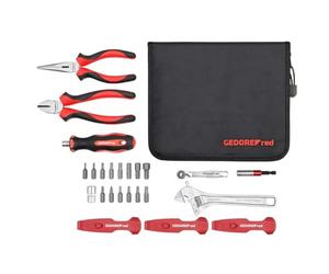 GEDORE red Outils de vélo professionnels pour atelier, 25 pièces, Clé à molette, Tournevis porte-embout 1/4", Outils vélo multifonctions avec sacoche