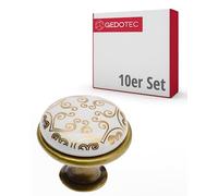 Gedotec Boutons de meuble - Porcelaine et métal - Diamètre : 26,5 mm - Lot de 10 boutons de porte pour armoires - Laiton antique - Or oriental - Avec matériel de fixation I OLGA