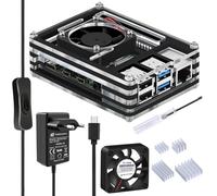 GeeekPi Raspberry Pi 4 Boîtier, Raspberry Pi Boîtier avec Ventilateur, Alimentation 5V 3A USB-C, Dissipateurs 4 Pièces pour Raspberry Pi 4 Modèle B (Uniquement pour Pi 4) (Noir et Transparent)