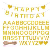 GEEHUA Lot de 54 bannières en papier doré de 10 m de corde de jute - Guirlande personnalisée en papier doré - Lettres Happy Birthday - Guirlande pour anniversaires, fêtes, diverses occasions festives