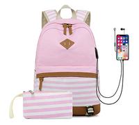 Geek-M sac à dos fille toile cartable école fille cartables scolaires collège backpack avec USB Charging Port sac à dos femme pour voyages/scolaire/loisirs (Rosa)
