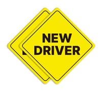 GEEKBEAR Panneau de voiture pour conducteur - Autocollant ou aimant et options de couleur, résistant aux intempéries - Forme de diamant 17,3 x 17,3 cm (jaune, aimant réfléchissant)