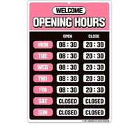 GEEKBEAR Panneau d'heures d'ouverture (Rose) - Panneau d'heure d'ouverture - Panneau d'heures de magasin - Panneaux d'heures d'ouverture pour les entreprises - Panneau ouvert avec heures