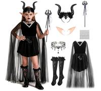 GEEKEO Déguisement de Sorcière Halloween Fille, Deguisement Maléfique avec Robe de Sorcière Cornes et Cape Coiffe, Robe de Maléfique Sorcière Costume pour Filles Halloween Carnaval Cosplay fête
