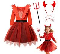 GEEKEO Déguisement Diable Enfant, Deguisement Costume Carnaval Halloween Fille Robe Diable avec Serre-tête et Fourche Robe Diablesse pour Carnaval Anniversaire Noël Cosplay (L(7-9 Años))