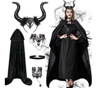 GEEKEO Deguisement Femme Malèficant Carnaval, Costume Malefique Reine avec Cape à Capuche Bandeau à Corne Diable Démon, Chocker Dentelle et Bracelet Punk, Femme Accessoire Halloween Cosplay