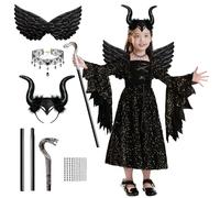 GEEKEO Déguisement Halloween Fille, 6 Pièces Costume Maléfique Halloween Enfant, Méchante Sorciere Robe avec Diadème Cornu et Ailes Noires pour Mardi Gras Halloweens Cosplay Carnival Soirée