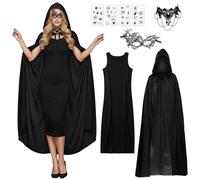 GEEKEO Déguisement Sorciere Halloween Femme, Costume de Sorcière avec Cape à Capuche Robe Halloween, Masque en dentelle Sorciere Accessoire Costume Vampire pour Adulte HalloweenCarnaval Cosplay L