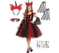 GEEKEO Halloween Deguisement Vampire Fille - Déguisement Quinn Enfant Vampire avec dent de Vampire Collier Robe Fille Princesse,Cosplay Costume de reine Décoration Halloween Carnaval (4-6 ans)