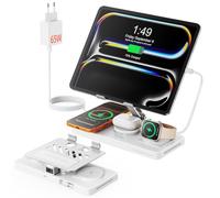 GEEKERA Station de Charge 4-en-1 pour Apple, Câble Escamotable pour iPad, Chargeur Magnétique sans Fil pour iPhone 12-17/Air/Pro, Station d’accueil pour Apple Watch & AirPods, Blanc (Blanc métallique)