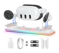 GEEKERA Station de charge compatible avec Meta Quest 3: Station de charge magnétique pour casque et manettes, avec adaptateur 18W, 2 batteries rechargeables et lumières RVB, accessoires VR pour Joueur