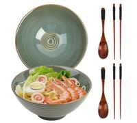 GEEKHOM Ensemble de bols à Ramen 2x 1200ml - Bols japonais en céramique avec baguettes et cuillère en bois - Grand, micro-ondes et lave-vaisselle pour nouilles, soupe, pho, salade