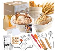GEEKHOM Kit de démarrage avec 2 paniers de fermentation - 12 accessoires de cuisson pour pain - Avec 2 paniers de fermentation (rond de 23 cm et ovale de 25 cm), pot de fermentation de 650 ml, spatule
