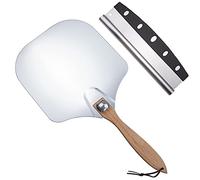 GEEKHOM Lot de 2 roulette à pizza en aluminium avec poignée ergonomique pliable en bois et grande surface - Accessoire de four pour pizzas faites maison