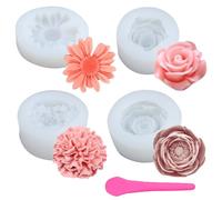 GEEKHOM Lot de 4 Moules Silicone 3D Formes de Fleurs: Rose, Camélia, Chrysanthème, Œillet - Créatives pour Bougies, Savons, Résine Epoxy, Pâtisserie - Inclus Spatule - Kit DIY pour Décorations Maison