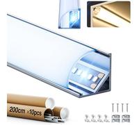 GEEKLUX Profile Alu pour Ruban LED angulaire 2 m x 10 (20 m) Profilé Aluminium V-Shape 45°, pour Bande Led jusqu'à 10 mm avec Diffuseur LED, Pour Plafond, Escalier, Coins - 15,8 x 15,8 mm