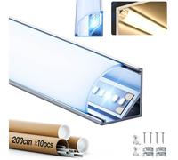 GEEKLUX Profilé LED d'angle en Aluminium 2 m x 10 Pièces (20 m), 45° pour Ruban Led, Profilé Aluminium pour Éclairage Parfait avec Diffuseur et Embouts, Pour Rails led, Bande led - 15.8 x 15.8 mm