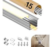 GEEKLUX Profilé LED en aluminium - 2 m x 15 pièces (30 m) - Rail LED pour bandes LED jusqu'à 15 mm - Couvercle en PC blanc laiteux - Diffuseur LED - Clips de fixation en métal - 2000 x 20 x 15 mm