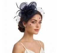 GEEKPC Chapeau bibi bleu marine avec plumes florales et voile - Coiffe légère avec voile de cage à oiseaux, tulle perlé, bandeau à clip double usage pour femme, pour mariage, jours de course