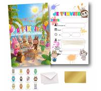 GeekWithAttitude Cartes d'Invitation Fête Petits Monstres, Multicolore, Lot de 10 avec Enveloppes et Autocollants Dorés, Thème Plage Tropicale, pour Anniversaire Enfants (Anniversaire)