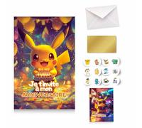 GeekWithAttitude Lot de 10 Cartes d'Invitations Anniversaire Pika - Kit Fête avec 10 Stickers, 10 Autocollants Dorés à Gratter (Lieu Mystère), 10 Enveloppes Blanches et 1 Carte Quizz Interactive