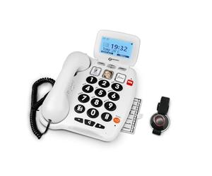 Geemarc Serenities 100 - Téléphone Filaire Amplifié et Son Bracelet SOS Résistant à l’Eau avec Grosses Touches et Sonnerie Puissante pour Personnes Agées - Perte Auditive Faible ou Moyenne