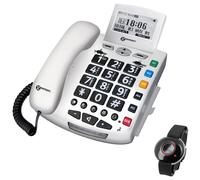 Geemarc Serenities - Téléphone Filaire Amplifié et son Bracelet SOS Résistant à l’Eau avec Grosses Touches et Sonnerie Puissante pour Personnes Agées - Perte Auditive Faible ou Moyenne - Version FR