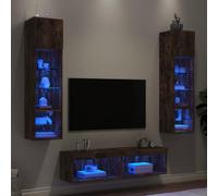 GeenYuu 6 pièces. Mur de salon avec éclairage LED, matériau en bois de chêne fumé, montage mural, matériau robuste, design polyvalent pour le salon, grand espace de rangement