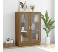 GeenYuu Armoire vitrine marron aspect chêne 82,5 x 30,5 x 115 cm, matériau dérivé du bois, 3 compartiments, 2 portes en verre, idéale comme bibliothèque pour le salon