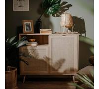 GeenYuu Buffet Finori Bali 01A chêne Sonoma avec Impression de Canne, Meuble de Rangement 101,4x40x87 cm, 2 Portes, étagère, Pieds Bois Massif, Armoire Ethnique pour Salon Salle à Manger Cuisine