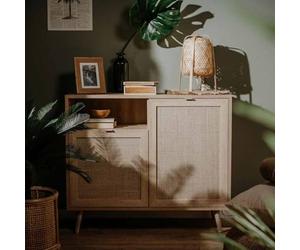 GeenYuu Buffet Finori Bali 01A chêne Sonoma avec Impression de Canne, Meuble de Rangement 101,4x40x87 cm, 2 Portes, étagère, Pieds Bois Massif, Armoire Ethnique pour Salon Salle à Manger Cuisine