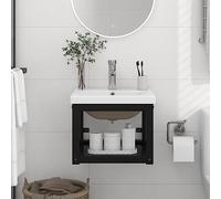 GeenYuu Cadre de lavabo de Salle de Bain Noir en Fer Enduit de Poudre avec Vasque encastrée en céramique Blanche 42x39x18 cm, Meuble lavabo Mural Pratique, Rangement sous évier