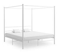 GeenYuu Cadre de lit à baldaquin Blanc métal 200x200 cm avec sommier à Lattes Robuste pour Chambre Adulte Enfant, Structure Plateforme avec Support pour Rideaux et moustiquaire