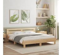 GeenYuu Cadre de lit en Bois d'ingénierie chêne Sonoma 200x200 cm avec LED RVB intégrées et Lattes Robustes pour Chambre Adulte, sommier Plateforme Design avec tête de lit et connecteur USB