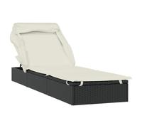 GeenYuu Chaise longue de jardin avec toit pliable, noir, réglable, 213 x 63 x 97 cm, rotin synthétique, avec coussin blanc crème, résistant aux intempéries, pliable pour balcon, terrasse, piscine et