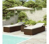 GeenYuu Chaise Longue de Jardin en résine tressée Marron avec Coussin Blanc crème, Table à thé 3 pcs, transat Relax inclinable réglable pour terrasse Piscine Balcon extérieur