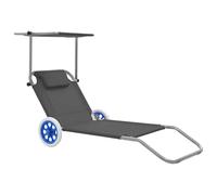 GeenYuu Chaise longue pliante avec protection solaire et roues, gris acier, dossier réglable, chaise longue de jardin pliable pour terrasse, balcon, piscine, plage, chaise longue légère avec oreiller
