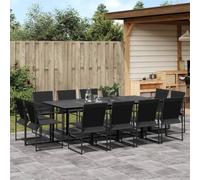 GeenYuu Ensemble à Manger de Jardin 13 pcs Noir textilène avec Table Verre trempé et 12 chaises rabattables en résine rotin pour terrasse Balcon Patio extérieur Repas détente