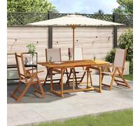 GeenYuu Ensemble à Manger de Jardin 5 pièces Bois d'acacia Massif avec chaises textilène crème, Table Extensible 120-170 cm avec Trou Parasol pour terrasse Balcon Patio Repas en extérieur