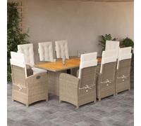 GeenYuu Ensemble à Manger de Jardin 9 pcs en Poly rotin Beige avec Coussins Amovibles, Table en Bois d'acacia 190x80 cm, 8 fauteuils inclinables pour terrasse Balcon Patio détente Repas Convivial