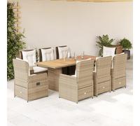 GeenYuu Ensemble à Manger de Jardin en Poly rotin Beige avec Coussins Blancs crème 9 pièces, Table en Bois d'acacia 190x80x74 cm, 8 chaises inclinables Confortables pour terrasse, Balcon