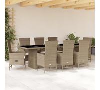 GeenYuu Ensemble à Manger de Jardin en Poly rotin Beige avec Table Verre trempé 240x90x75 cm 9 pièces 8 chaises inclinables Coussins Amovibles pour terrasse Balcon Patio détente Repas extérieur