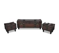 GeenYuu Ensemble Banc Coffre Rangement 3 pièces Marron Banquette siège avec Compartiment et Couvercle abattant pour Salon Chambre entrée, Bois de pin Massif Finition Similicuir