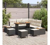 GeenYuu Ensemble canapé Jardin extérieur 9 pcs Noir Poly rotin avec Coussins modulaires Rangement Acier pour terrasse Balcon Salon détente Repas apéritif Piscine