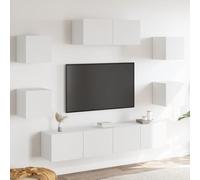GeenYuu Ensemble de 7 meubles TV en bois blanc, montage mural, 4 modules de 30,5 cm et 3 modules de 80 cm, design moderne pour le salon, grand espace de rangement