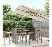 GeenYuu Ensemble de Bar Jardin 9 pcs Gris Poly rotin et Bois Massif Acacia avec Table Verre trempé 185x80x110 cm et 8 tabourets 40x44x86 cm pour terrasse Balcon apéritif extérieur